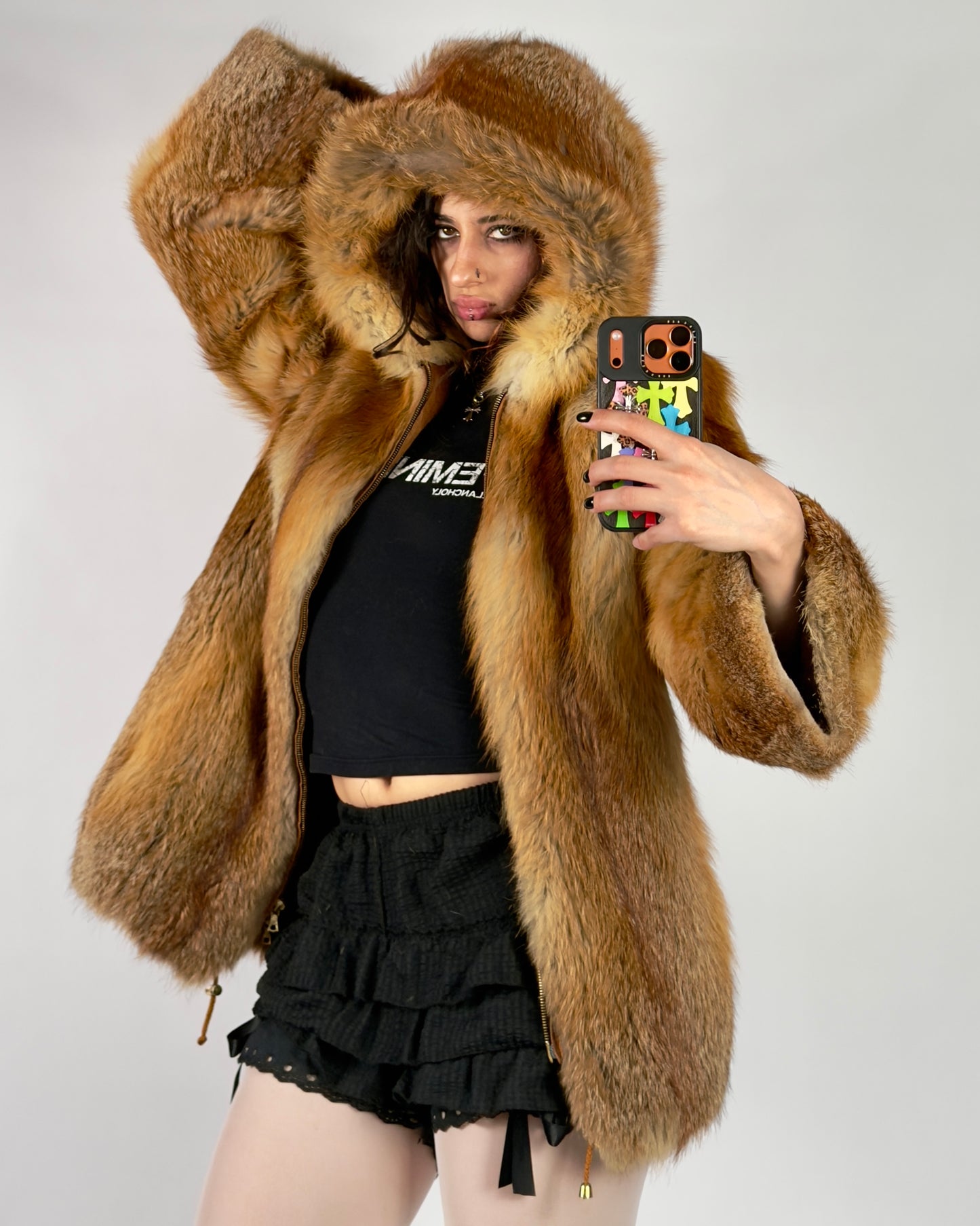 Vintage Fox Hooded Fur Jacket  — XS/M