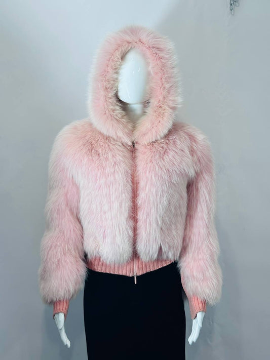 Vintage Pink Fox Fur Hooded Jacket
