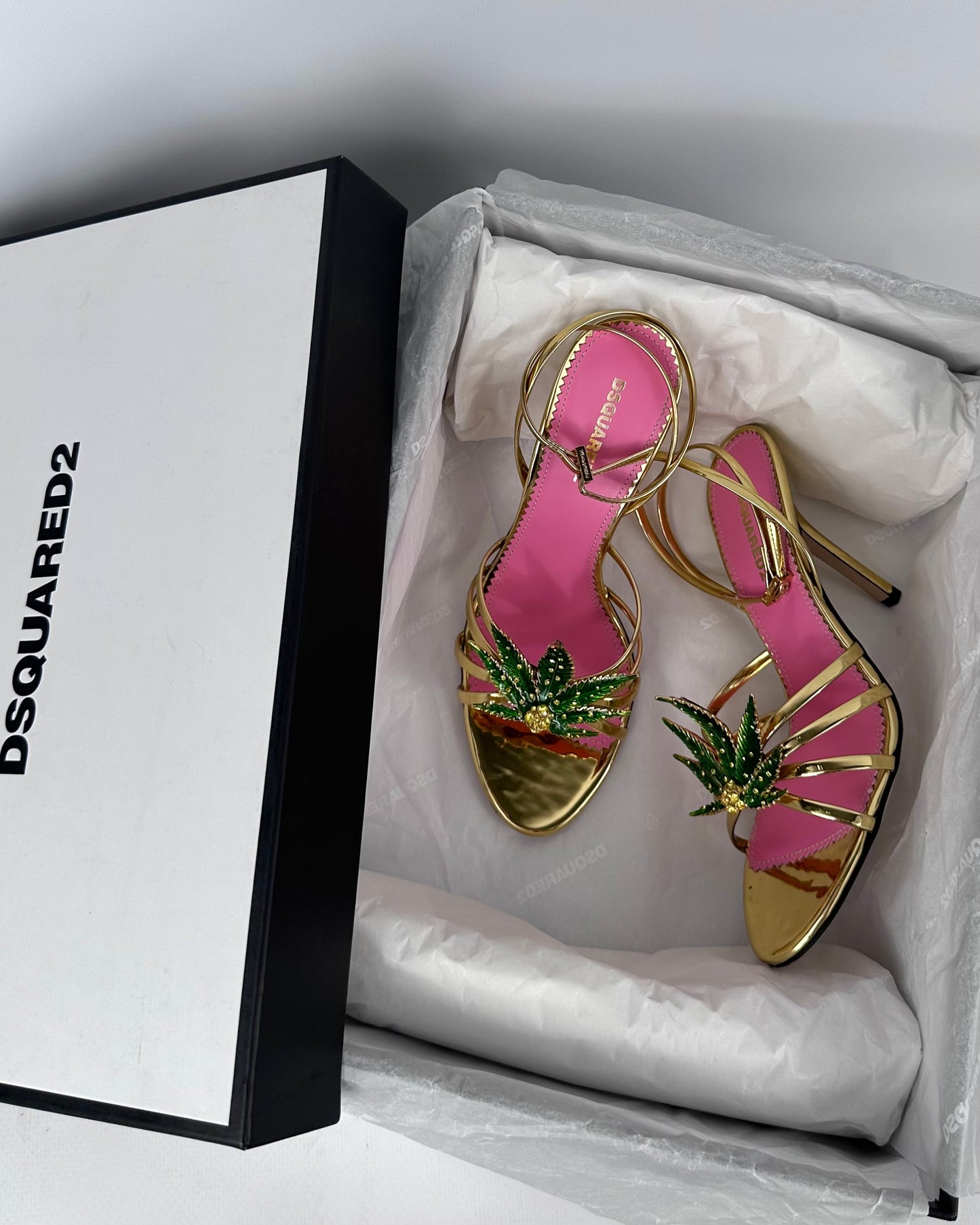 Dsquared2 Marija Leaf Gold Strap Sandals SS05 reissue for SS24 — 37, 38, 39