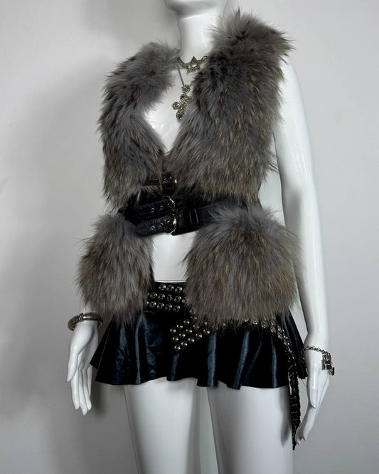 Vintage Italian Fur Leather Buckle Vest S-L