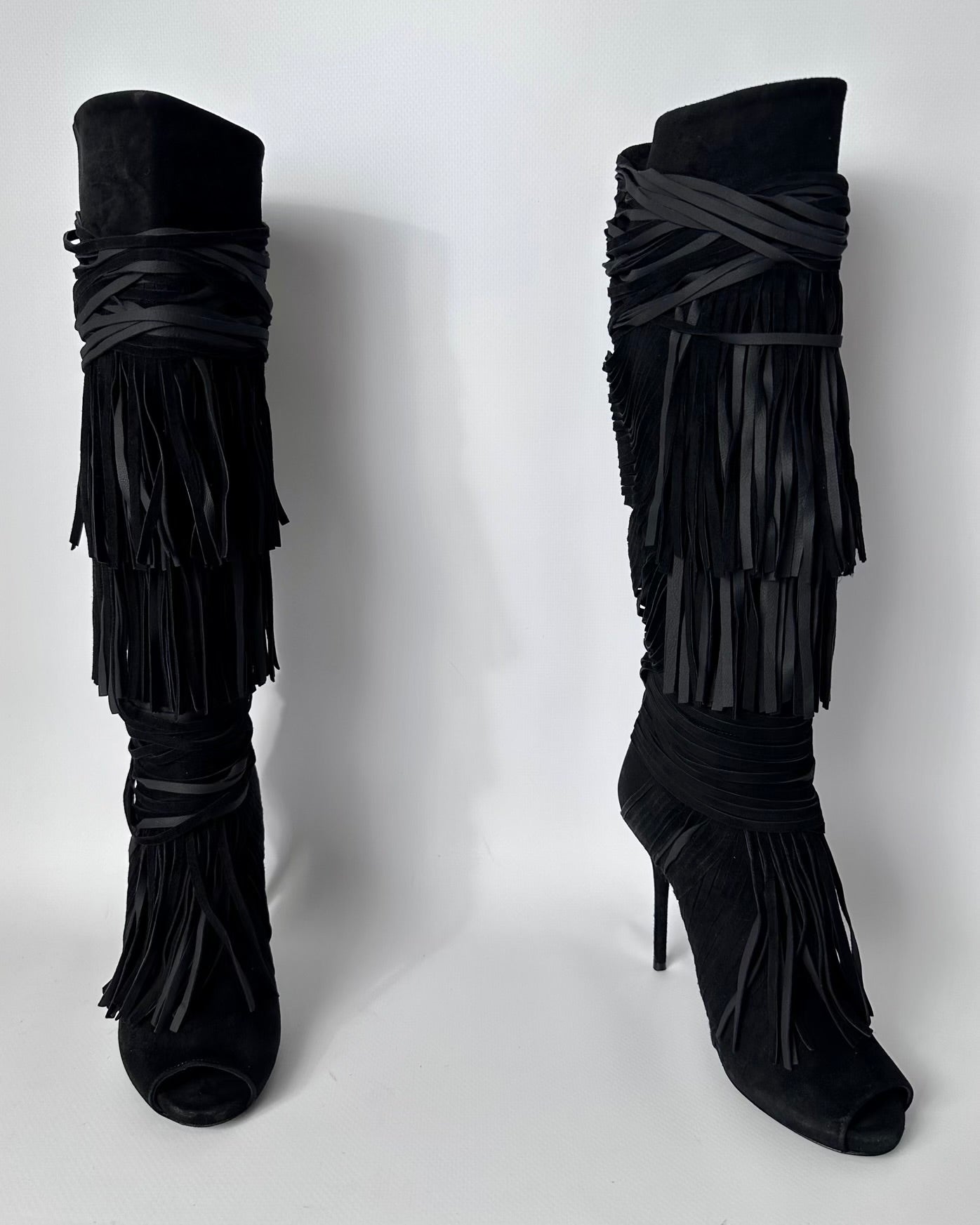 Gucci Becky Suede Fringe Peep Toe Boots — 36/37