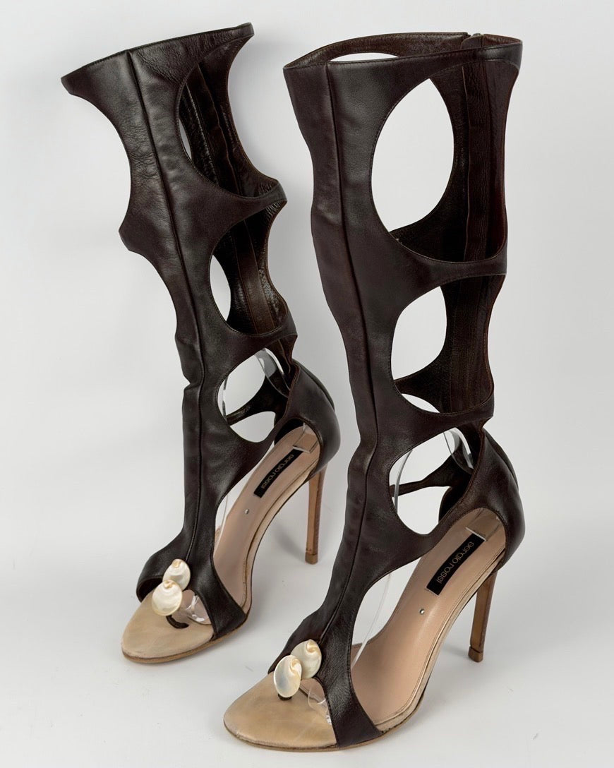 Sergio Rossi Seashells Gladiator Cut Out Boots — 38/38.5