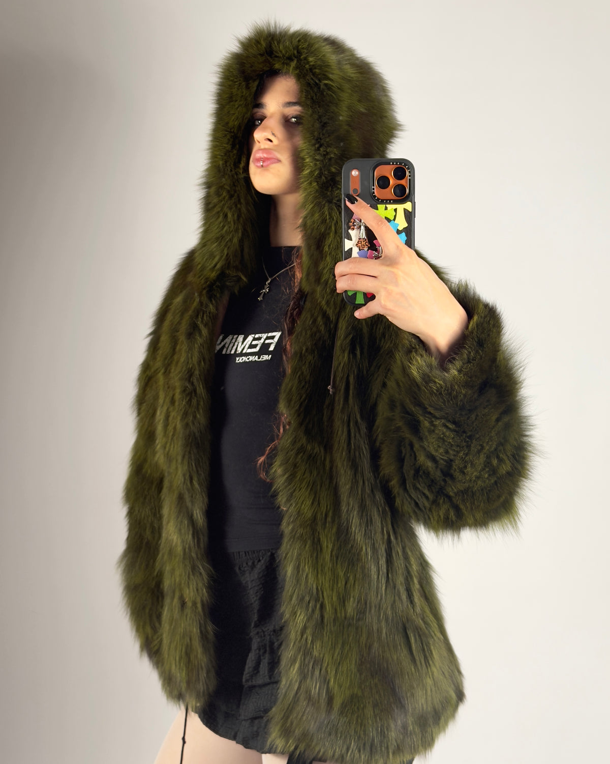 Vintage Fox Fur Hooded Green Jacket — S/M