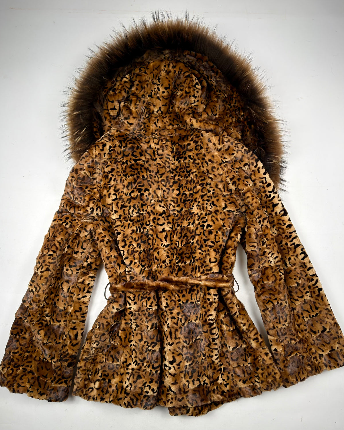 Vintage Mink Leopard Print Hooded Jacket with Fox Collar  — S/M