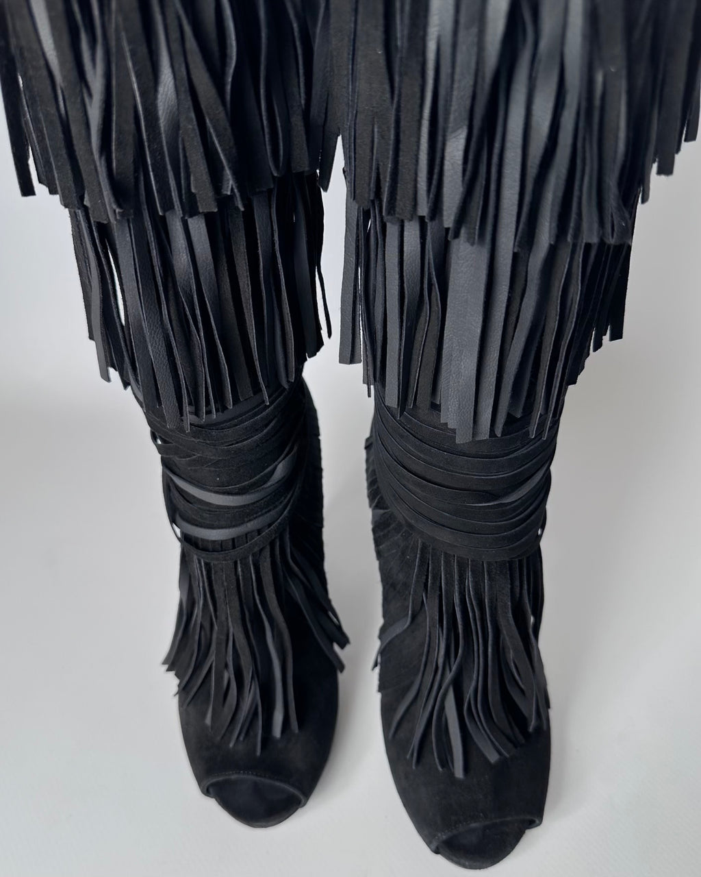 Gucci Becky Suede Fringe Peep Toe Boots — 36/37