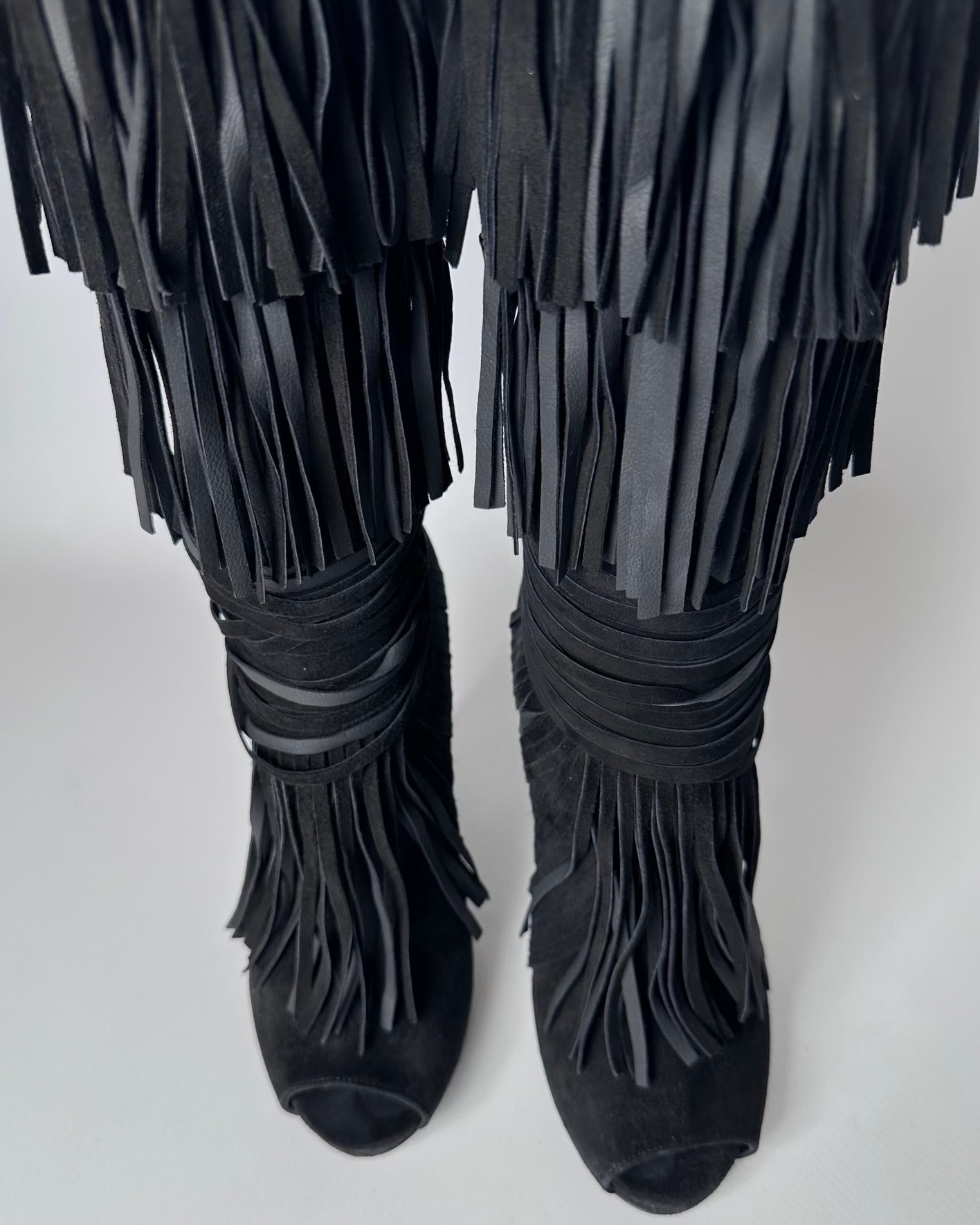 Gucci Becky Suede Fringe Peep Toe Boots — 36/37