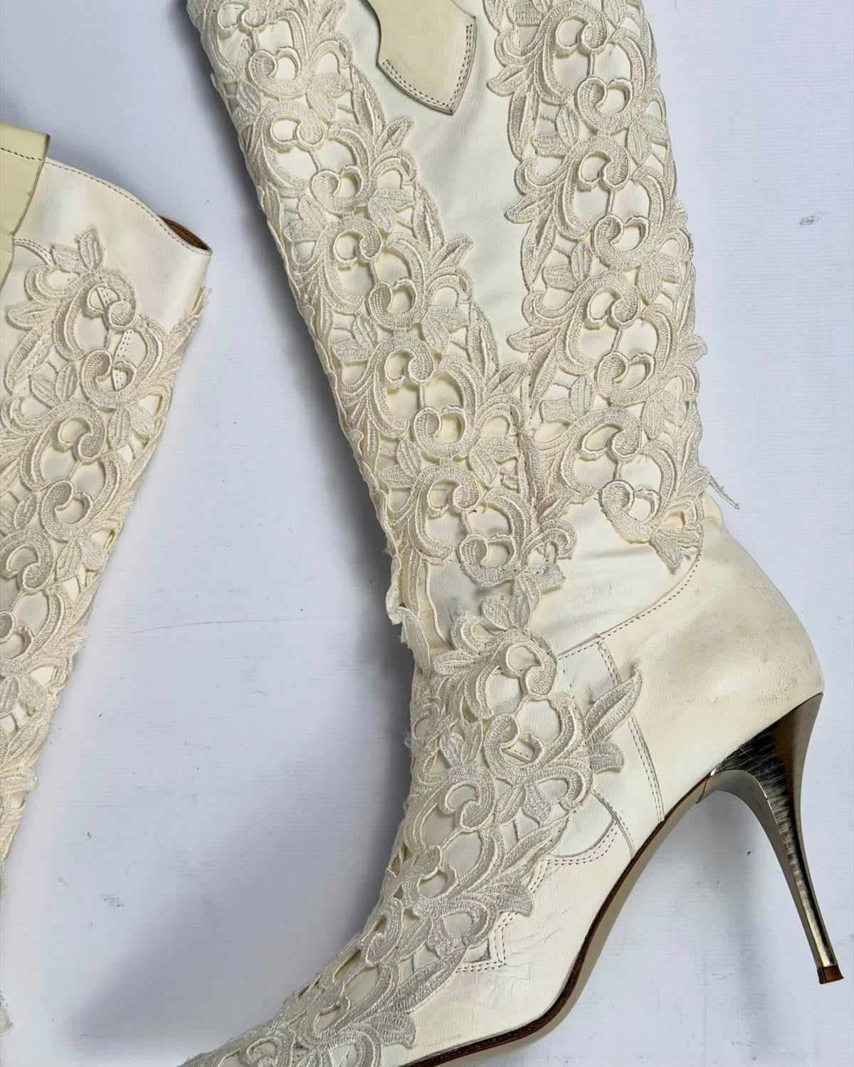 Vintage Italian Lace Appliqué Leather Boots — 40