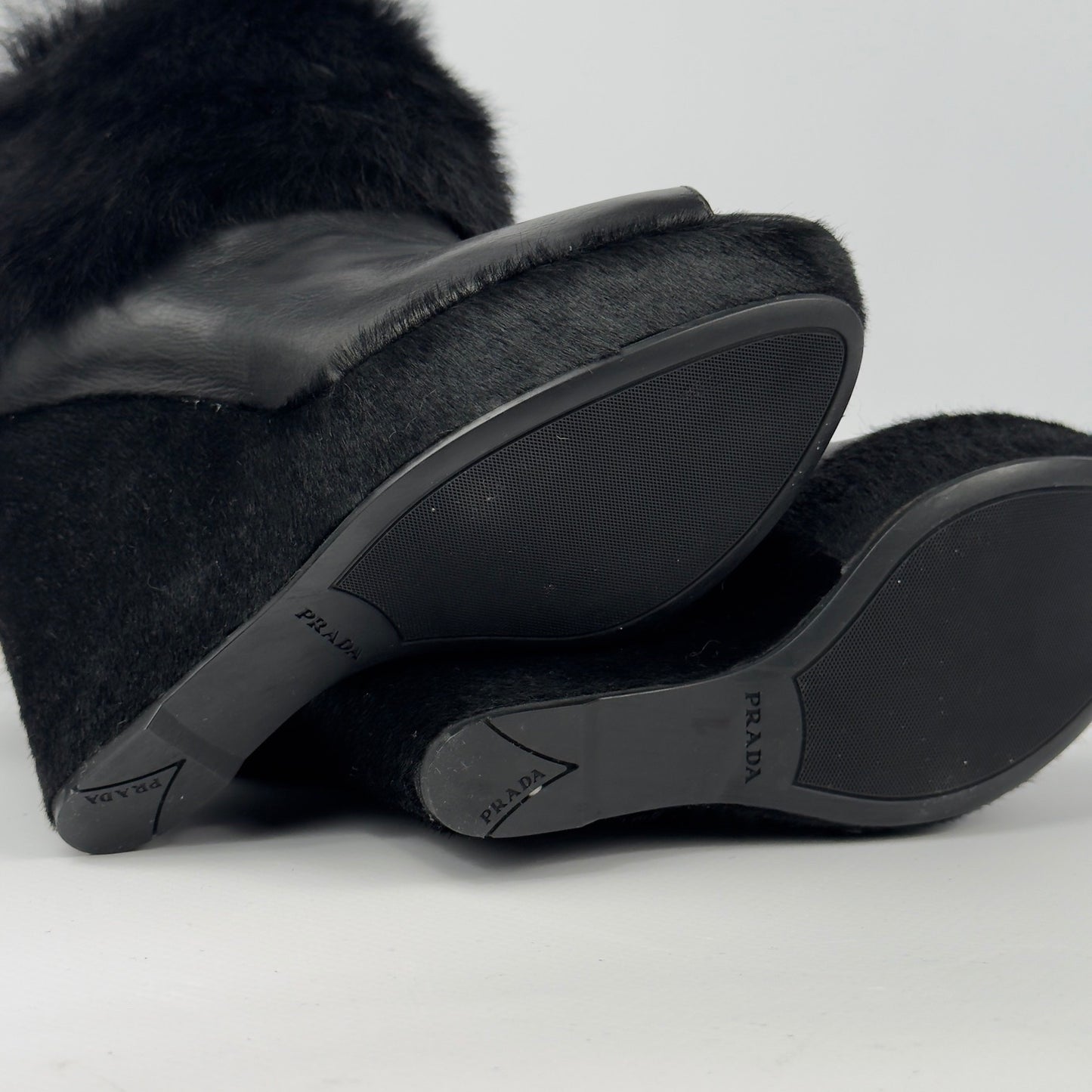 Prada Vintage Fur Wedge Peep Toe Booties — 36.5