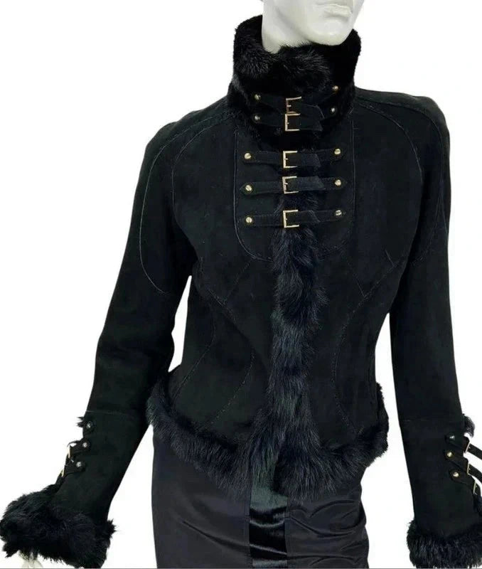 ROBERTO CAVALLI FW 2004 BLACK SUEDE AND MINK JACKET — XS/S