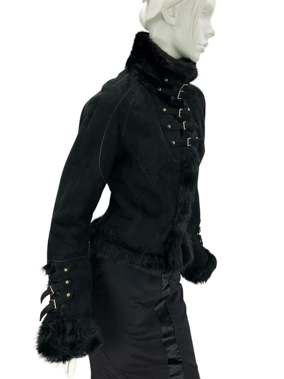 ROBERTO CAVALLI FW 2004 BLACK SUEDE AND MINK JACKET — XS/S